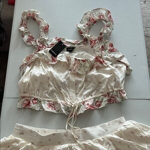 Torrid Cream and Pink Floral Challis Ruffle Skirt Set